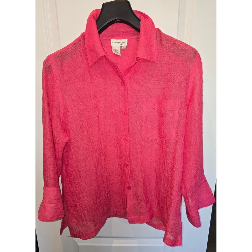 Coldwater Creek Pink Crinkle Button Up Shirt Womens Large 3/4 Sleeve Sheer top